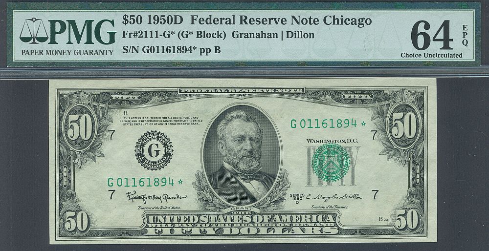 Fr.2111-G*, 1950D $50 Chicago Star Note, G011618942*, Very Choice CU, PMG64-EPQ